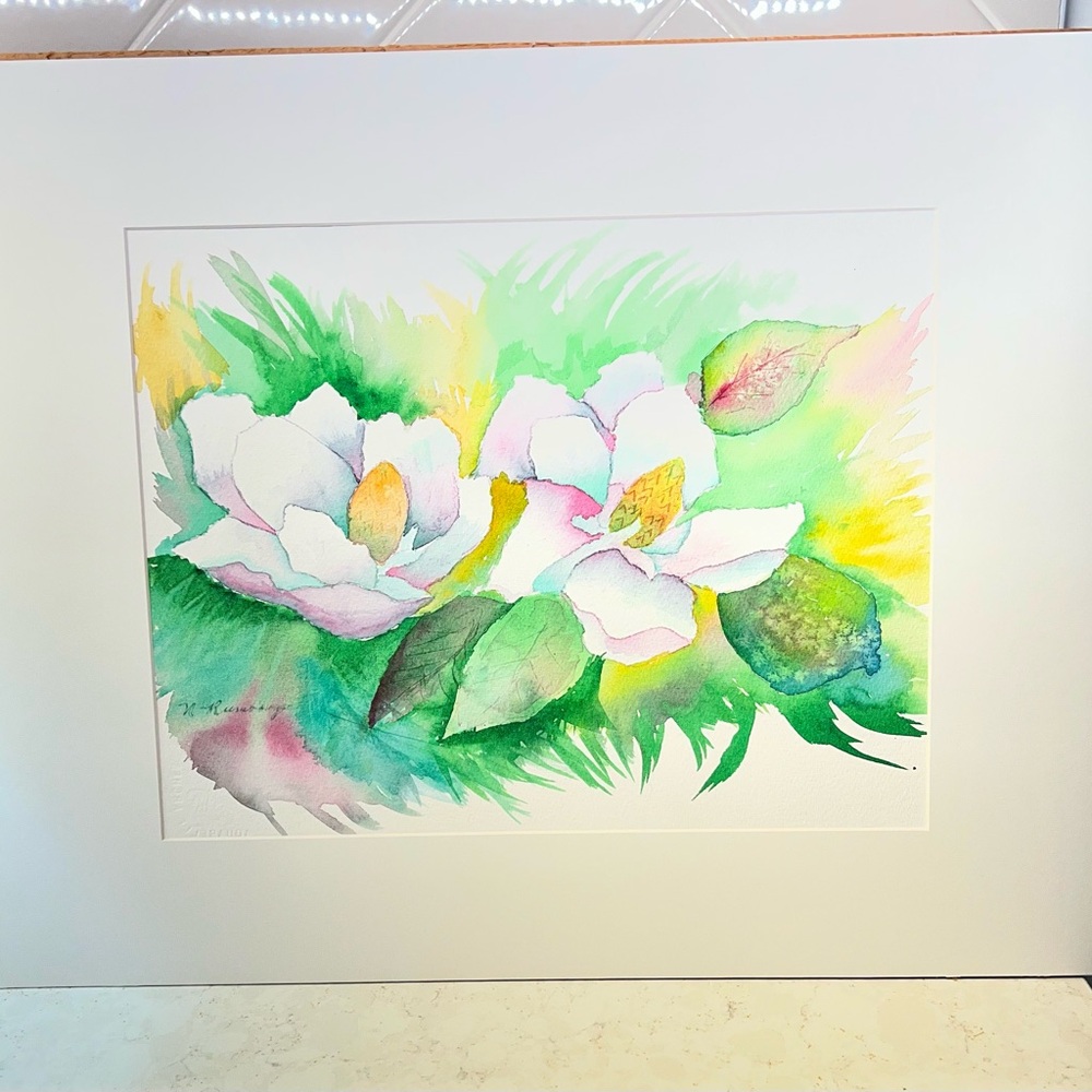 Original Watercolor Painting  Magnolias Artist Signed & Stamped Spring Floral